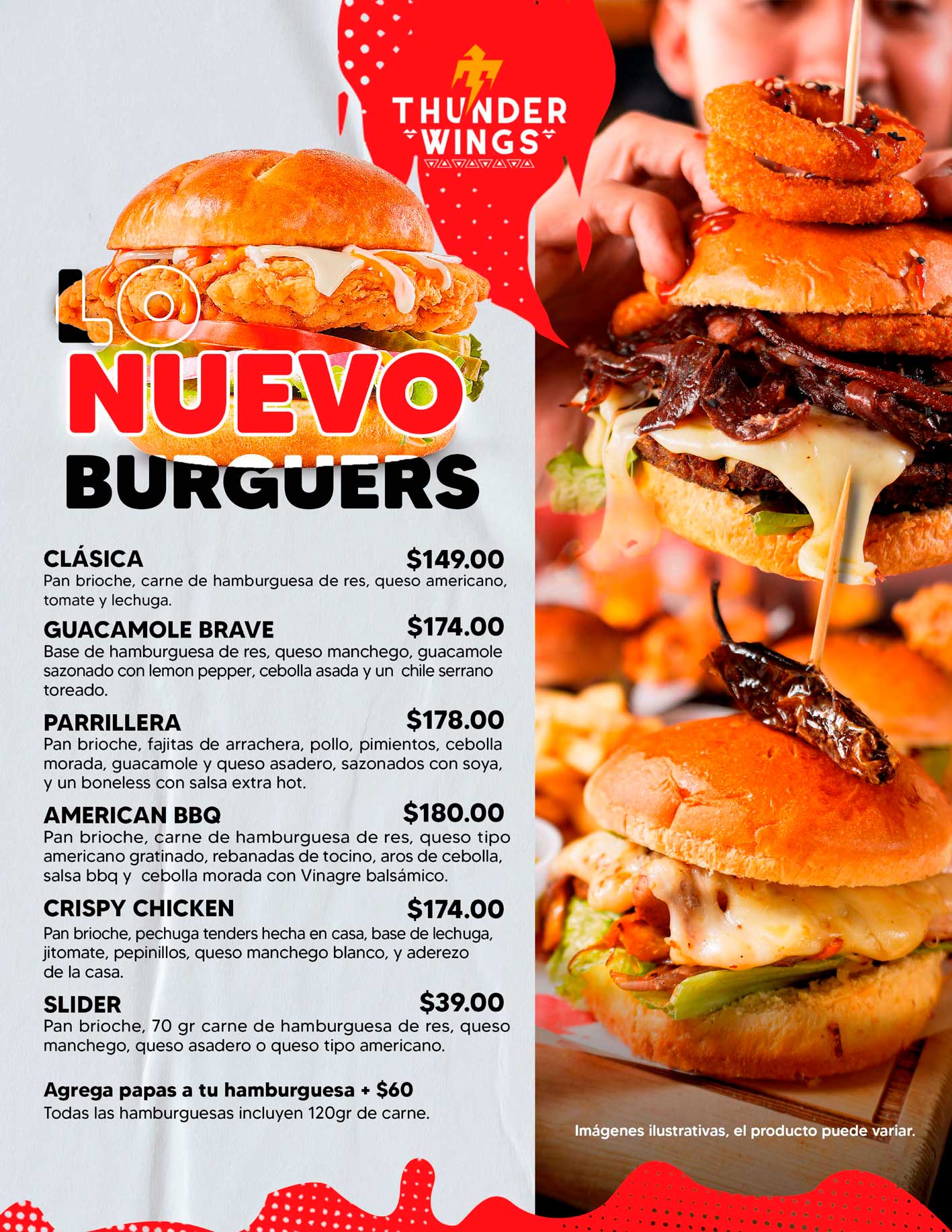 Menú Thunder Wings - Hamburguesas y combos